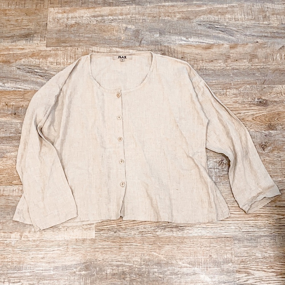 Flax Linen Ruffle Back Beige Button Down Blouse